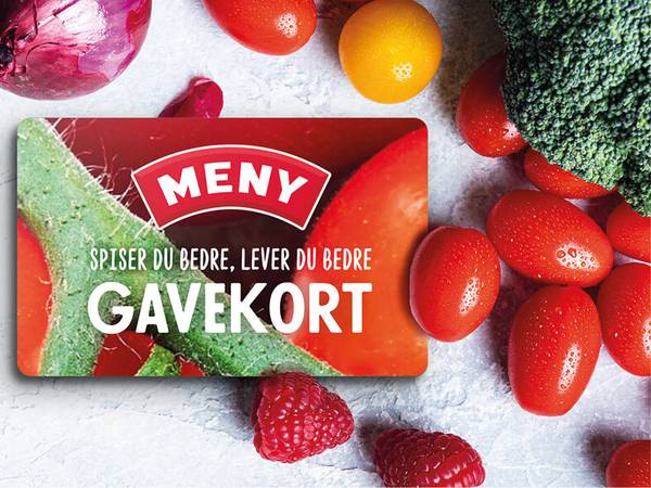 Et gavekort med teksten 'Meny' og bilder av grønnsaker og frukt rundt det