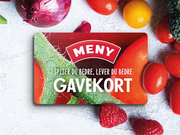 Et gavekort med teksten 'Meny' og bilder av grønnsaker og frukt rundt det