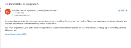 Skjermbilde av en e-post som advarer mot svindel med Meny Gavekort, datert april 2018.