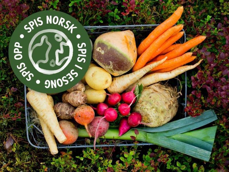 Fargerike norske rotgrønnsaker med oblat på en bakgrunn av gress og blomster