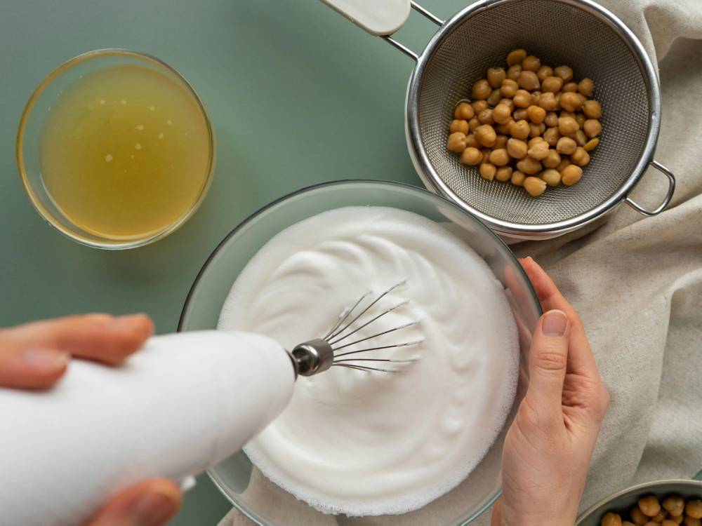 Hånd som pisker krem i en bolle, med kikerter i en liten gryte og en kopp med væske i bakgrunnen.