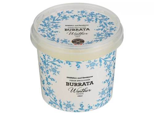 En bøtte med burrata ost dekorert med blå blomsterdesign, kalt snøball burrata.