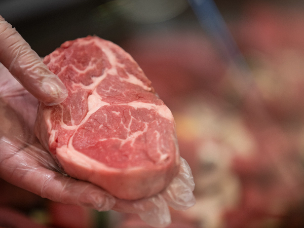 En person holder et stykke rått kjøtt med marmorering i hånden.