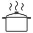 En enkel illustrasjon av en gryte med damp som stiger opp, brukt som ikon for tilberedning.