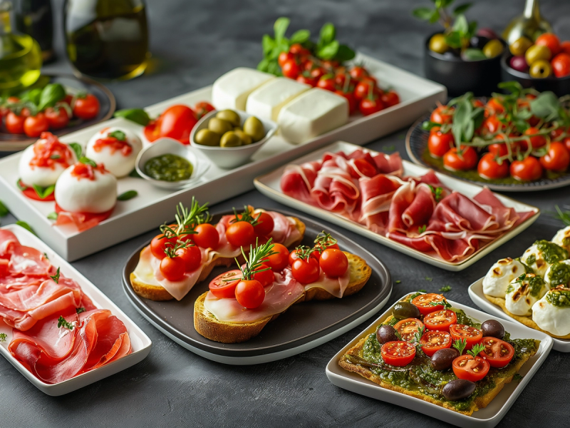 Et utvalg av antipasti med tomater, mozzarella, skinke og oliven på ulike fat og tallerkener.