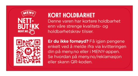 Et rødt klistremerke med teksten 'Kort holdbarhet' og informasjon om å sjekke utløpsdato på matvarer, samt en QR-kode.