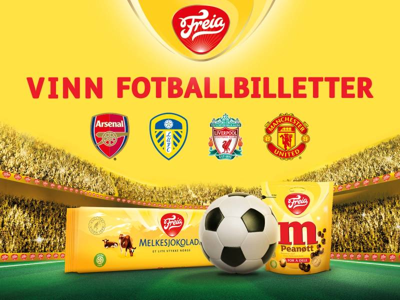 En reklame for Freia med fotballbilerletter og sjokolade, med logoer av Arsenal, Leeds, Liverpool og Manchester United på en fotball, mot en gul bakgrunn med fotballstadion i bunnen.