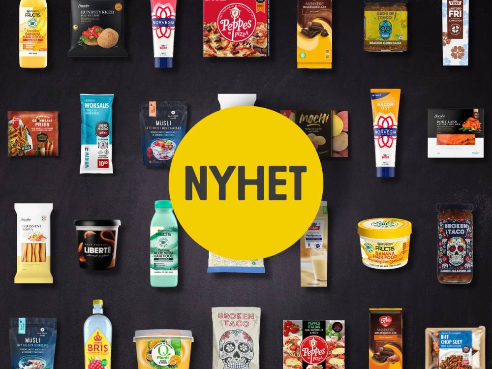 Et utvalg av ulike mat- og drikkevarer på en svart bakgrunn med en stor gul sirkel med teksten 'NYHET' i midten.