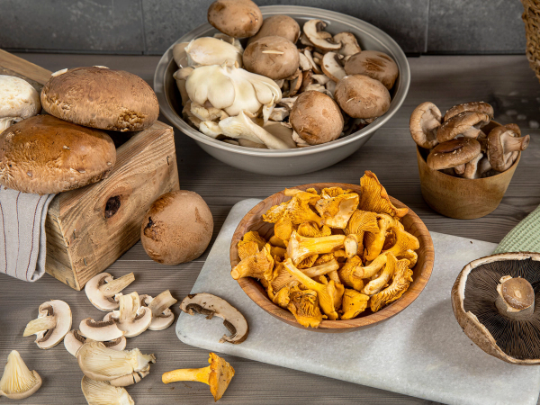 Ulike sopp på tallerkener og i skåler, med noen sopp på et treblokk og rundt på bordet.