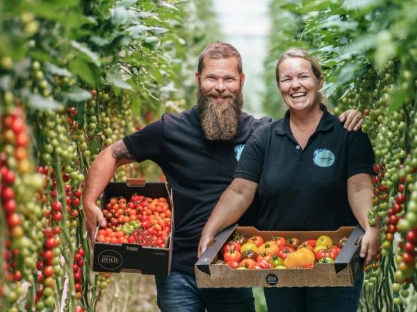 Stig Jakob og Monica Hanasand inne i drivhuset med tomater