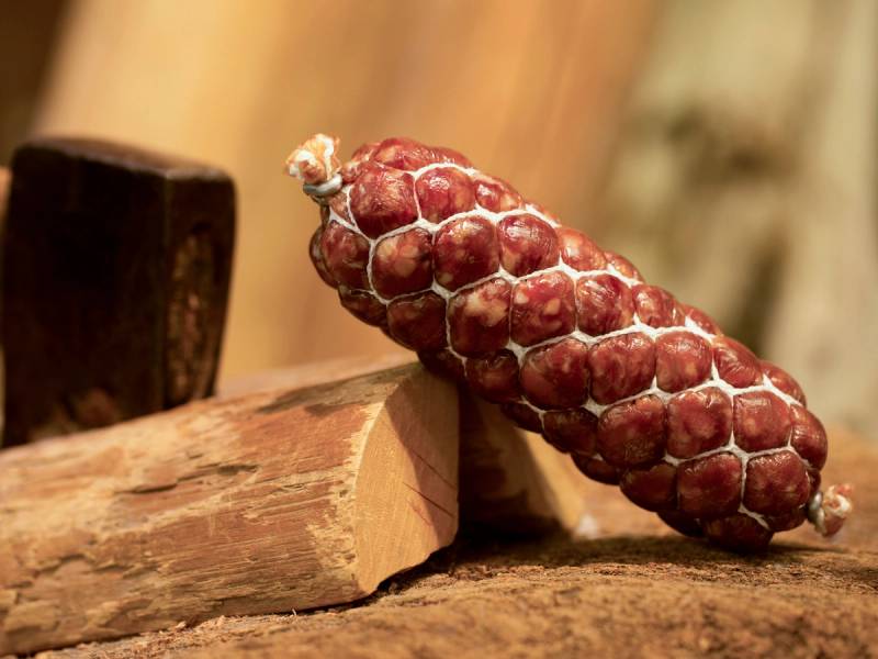 En rød kongle ligger på en treflate med en liten trekloss ved siden av.