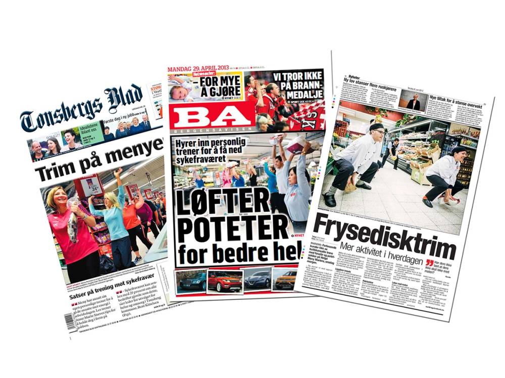 En samling avisutklipp med overskrifter og bilder, inkludert en om frysedisk og en om å trimme på menyen.