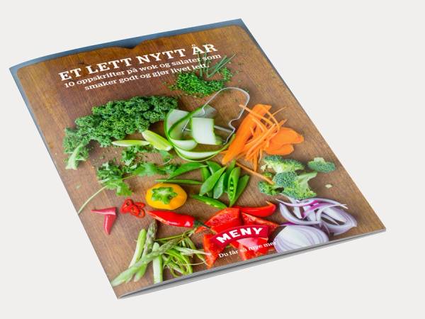 En magasinforside med bilder av grønnsaker og en kopp, med tittelen 'Et lett nytt år 2014'.