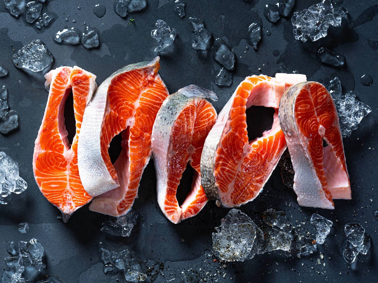 Skiver av fersk laks med hvit fettlinje, lagt ut på en mørk overflate med isbiter rundt.