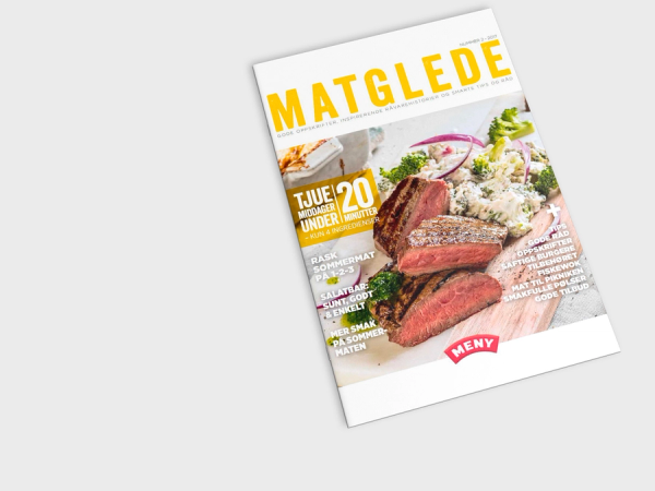 Forside av et matmagasin med bilder av kjøtt, grønnsaker og en oppskrift, med tittelen 'Matglede' og en gul banner som sier 'Tjuvstart på sommeren'.