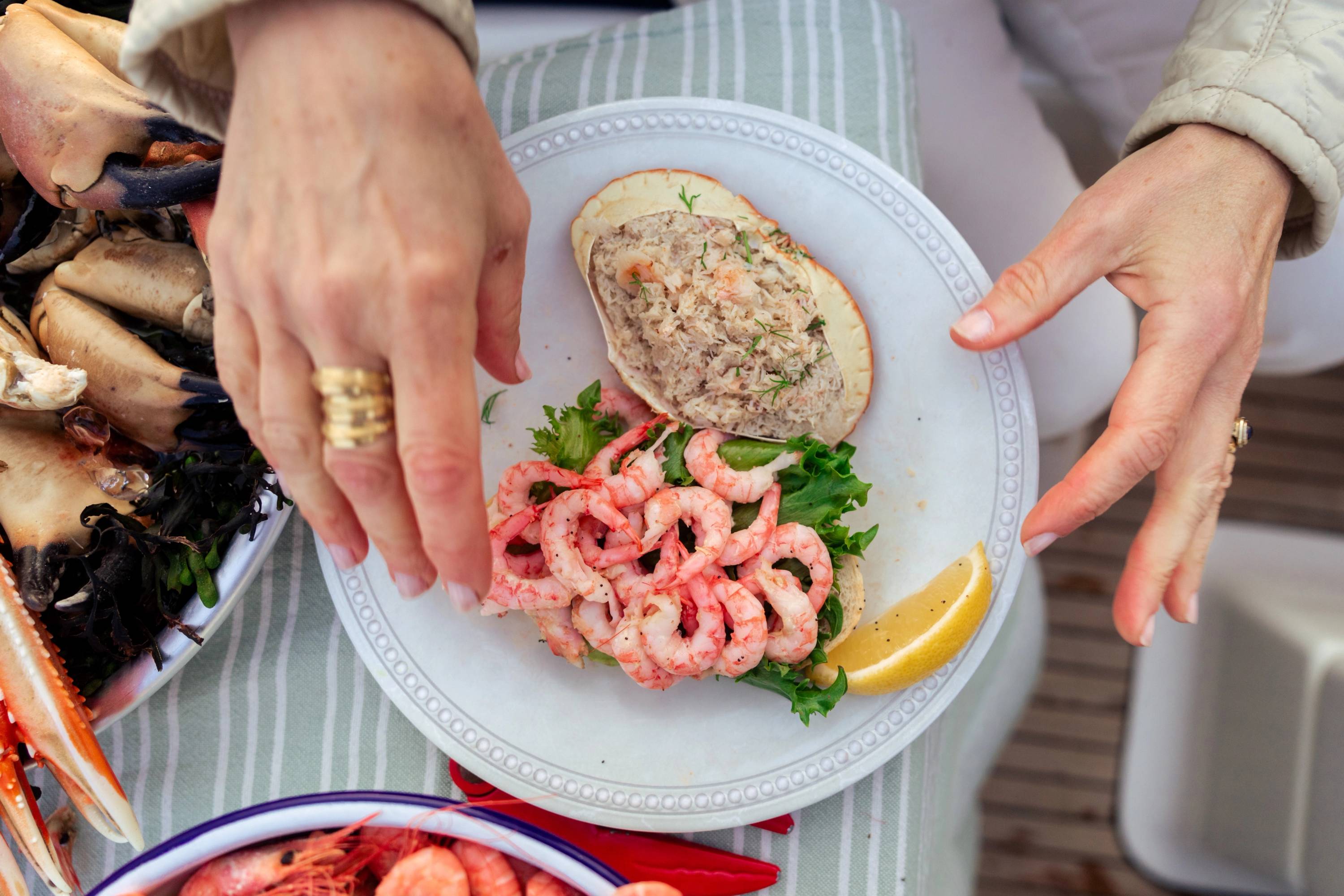 Hender som legger oppskåret reker og en skive brød med på en tallerken med sitronskive, på et bord dekket med et duk.
