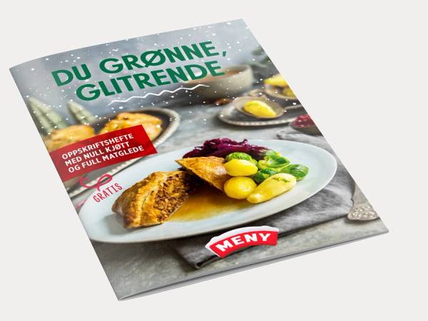 Forside av et matmagasin med en julemiddag og grønne grønnsaker på et fat, med teksten 'Du grønne, glitrende' på forsiden.