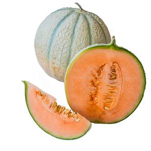 En hel cantaloupemelon og et halvt og et skivet stykke av den, viser den oransje fruktkjøttet og grønne skallet.