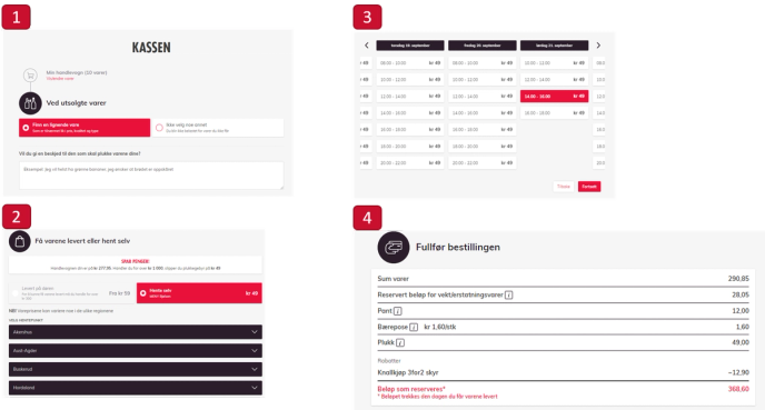Skjermbilde av en kasse- og betalingsskjerm med ordreoversikt og betalingsdetaljer, inkludert totalbeløp og betalingsmetode.