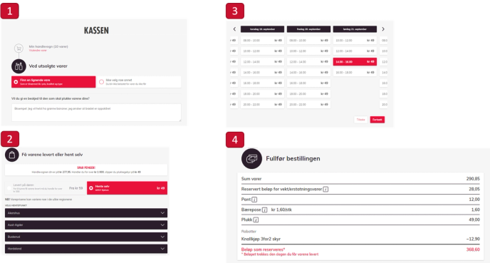 Skjermbilde av en kasse- og betalingsskjerm med ordreoversikt og betalingsdetaljer, inkludert totalbeløp og betalingsmetode.