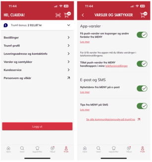 Skjermbilde av innstillinger for varsler og samtykker i en app, med alternativer for app-varsler, e-post og SMS-varsler, og tilhørende brytere for å aktivere eller deaktivere dem.