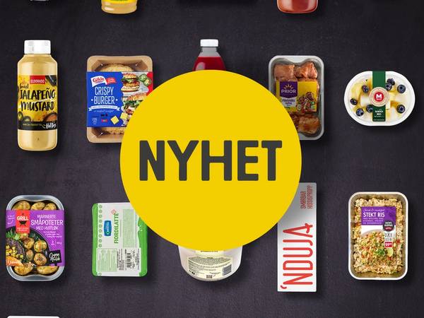 Et utvalg av ulike mat- og drikkevarer på en svart bakgrunn med en stor gul sirkel med teksten 'NYHET' i midten.