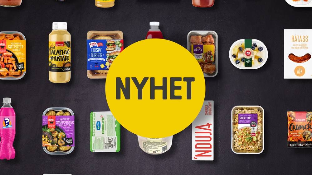 Et utvalg av ulike mat- og drikkevarer på en svart bakgrunn med en stor gul sirkel med teksten 'NYHET' i midten.
