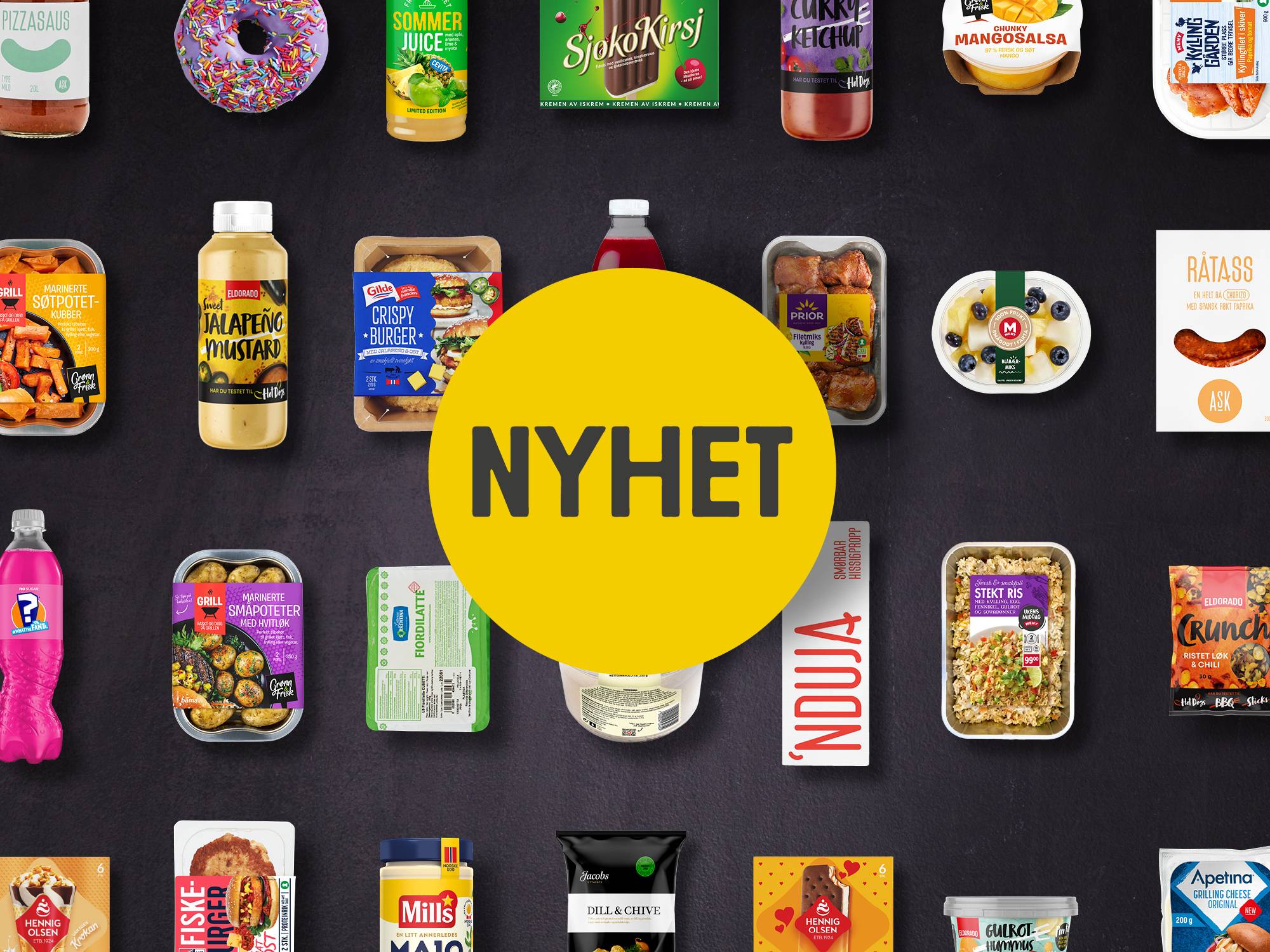 Et utvalg av ulike mat- og drikkevarer på en svart bakgrunn med en stor gul sirkel med teksten 'NYHET' i midten.