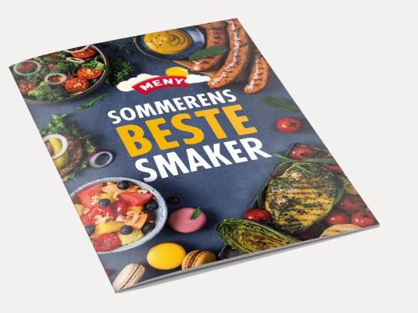 En sommermeny med bilder av ulike matretter og frukt på forsiden av en kokebok eller menyhefte.