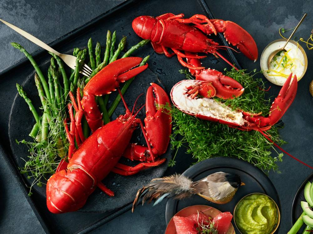 To levende hummer ligger på et svart fat med grønne urter og tilbehør rundt, inkludert en liten skål med saus og en skive sitron.