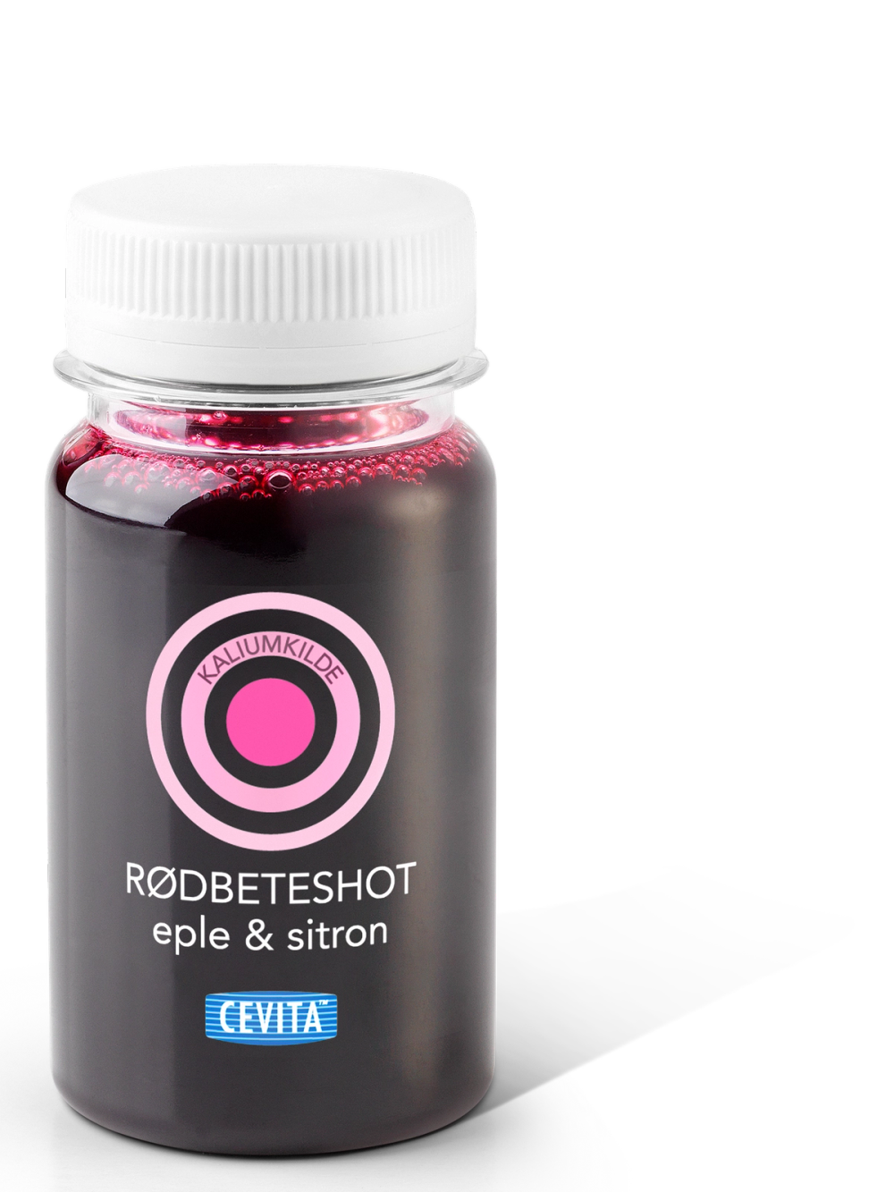 En flaske med rødbetesshot med etikett som sier 'Rødbeteshot' og smaker eple og sitron.