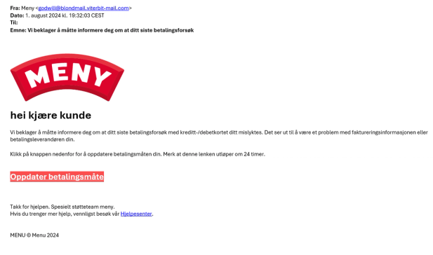 Skjermbilde av en nettside med en advarsel om svindel, og en knapp for å oppdatere betalingsmåte.