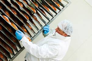 Person i hvit kittel og blå hansker sjekker oppdrettslaks i en fryselagringshylle.