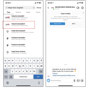 Skjermbilder av en falsk sosial medieprofil som viser en profil med navnet Helge Memy Bogafjell og en melding om en vinnerkonkurranse.