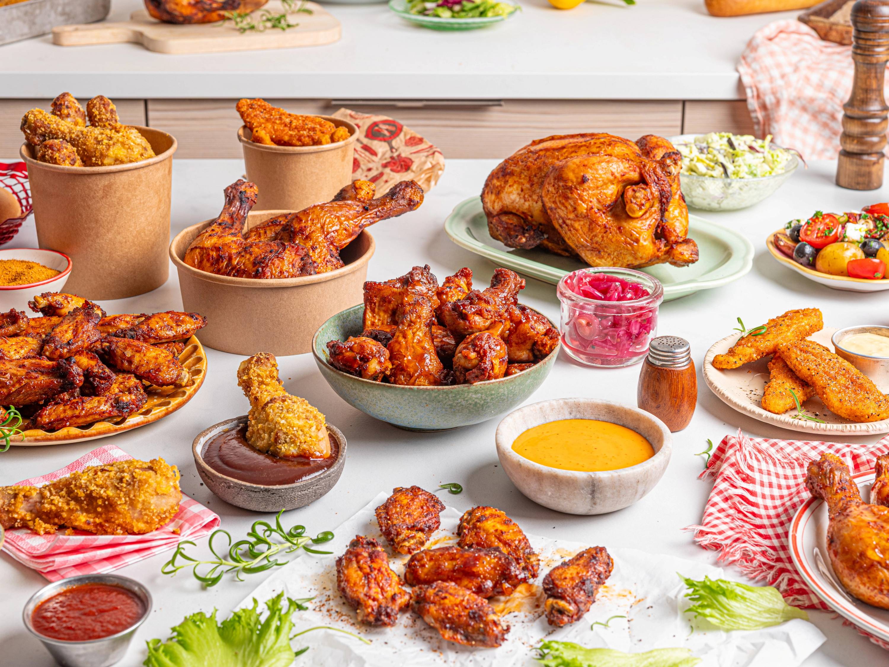 Et utvalg av ferdigstekte kyllingretter og tilbehør på et bord, inkludert kyllingvinger, kyllingbiter og en hel stekt kylling, med ulike sauser og salat i bakgrunnen.