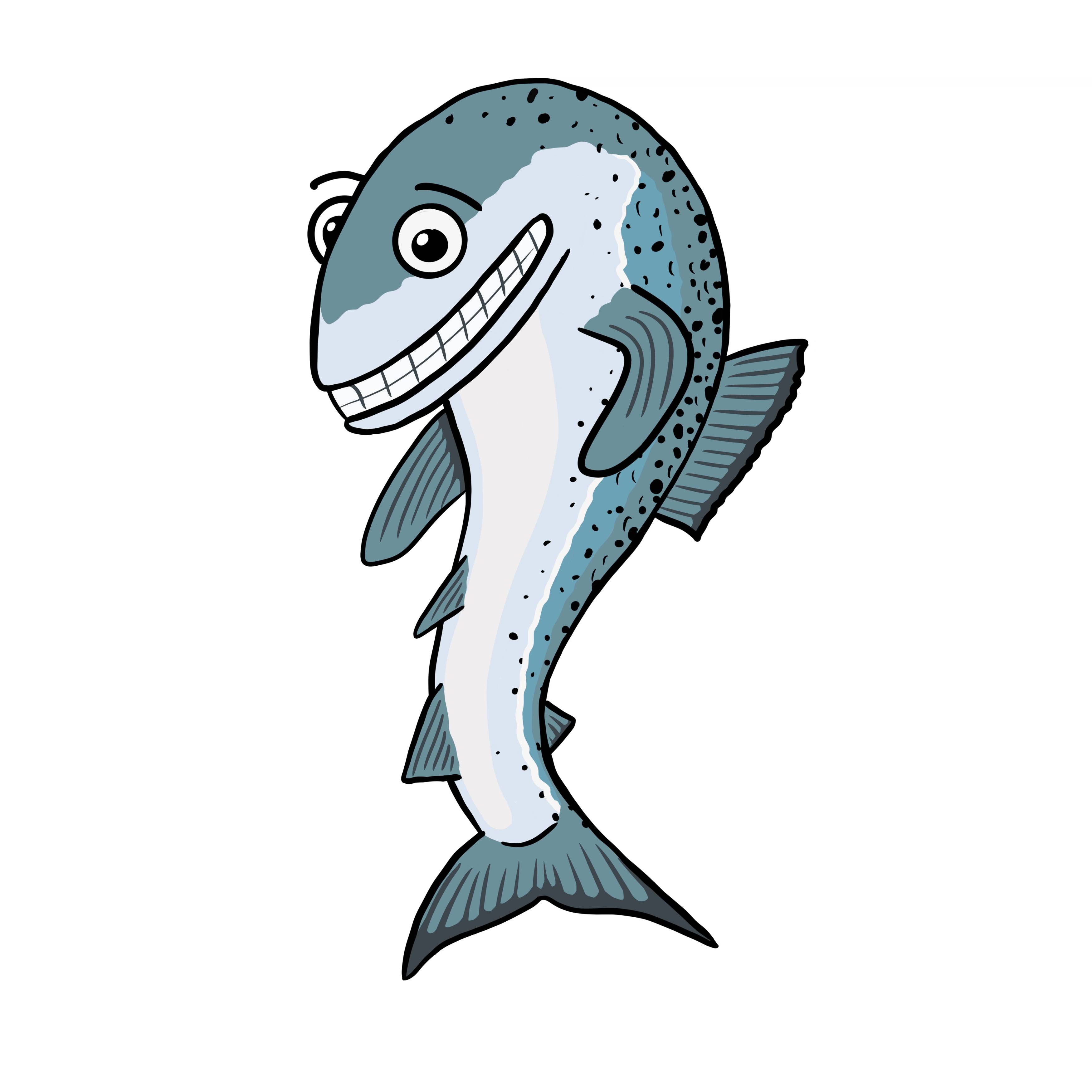 En tegneserieaktig illustrasjon av en laks med et stort smil og store øyne.