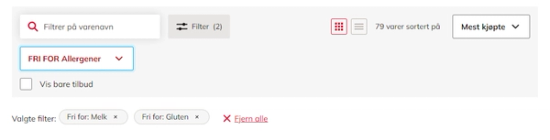 Et skjermbilde som viser et filtervalg for allergener i en app eller på en nettside, med alternativer for ulike allergener og en knapp for å fjerne filteret.