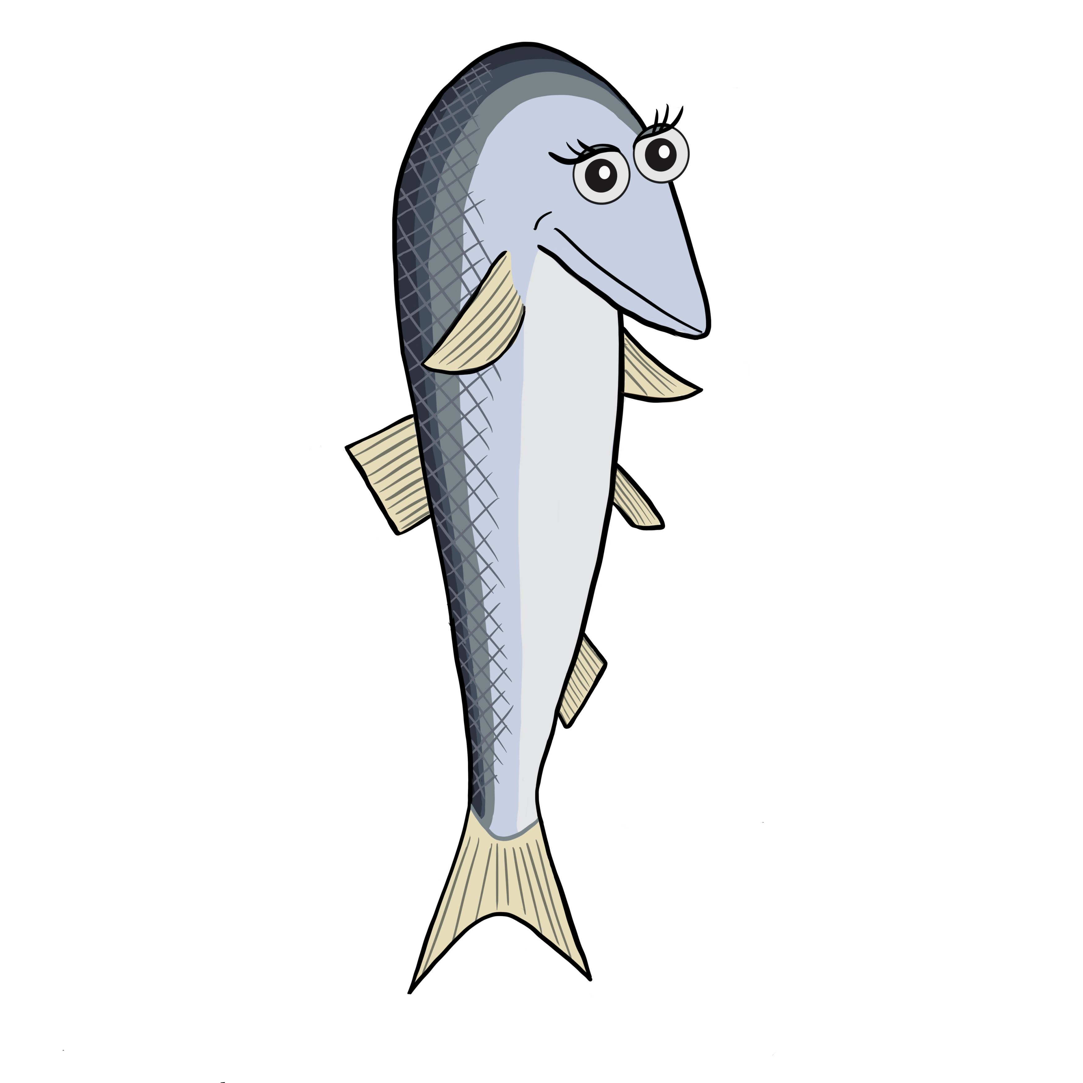 En tegneserieaktig fisk med menneskelige øyne og et smil, kalt Sara Sild.