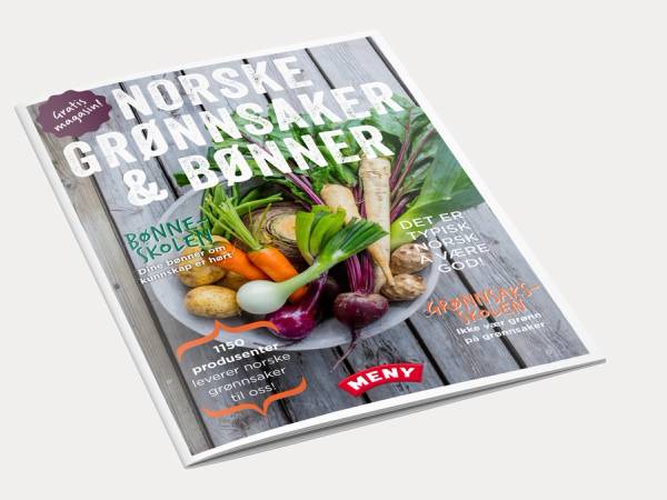 Forside av en magasinutgave med bilder av norske grønnsaker som gulrøtter, rødbeter og kål, med overskrifter om norske grønnsaker og bønner.