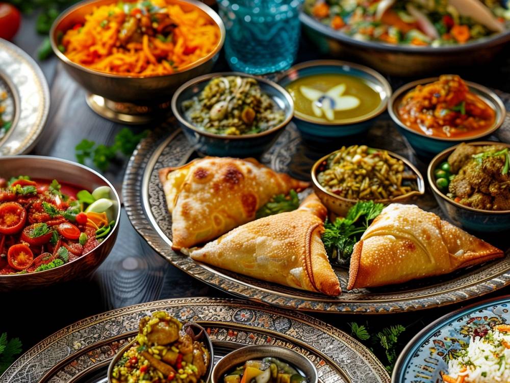 Et utvalg av indiske retter med ris, grønnsaker, naanbrød og krydrede sauser på et bord.