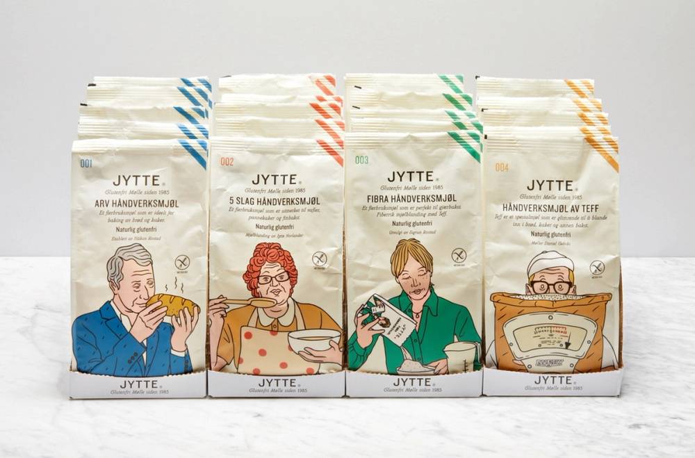 Fire pakker med mat, hver med en illustrasjon av en person som spiser eller holder mat, på en hvit bakgrunn.