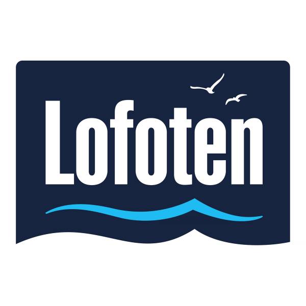 Lofoten-logo med hvit tekst på blå bakgrunn, inkludert en bølge og to fugler i himmelen.
