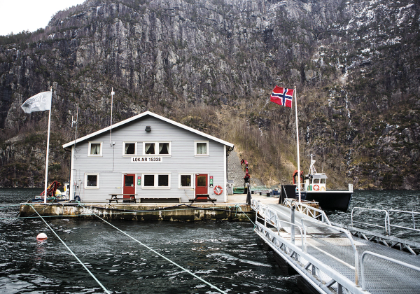 En hvit bygning ligger ved vannet med fjell i bakgrunnen, og det er flaggstenger foran bygningen, inkludert det norske flagget.