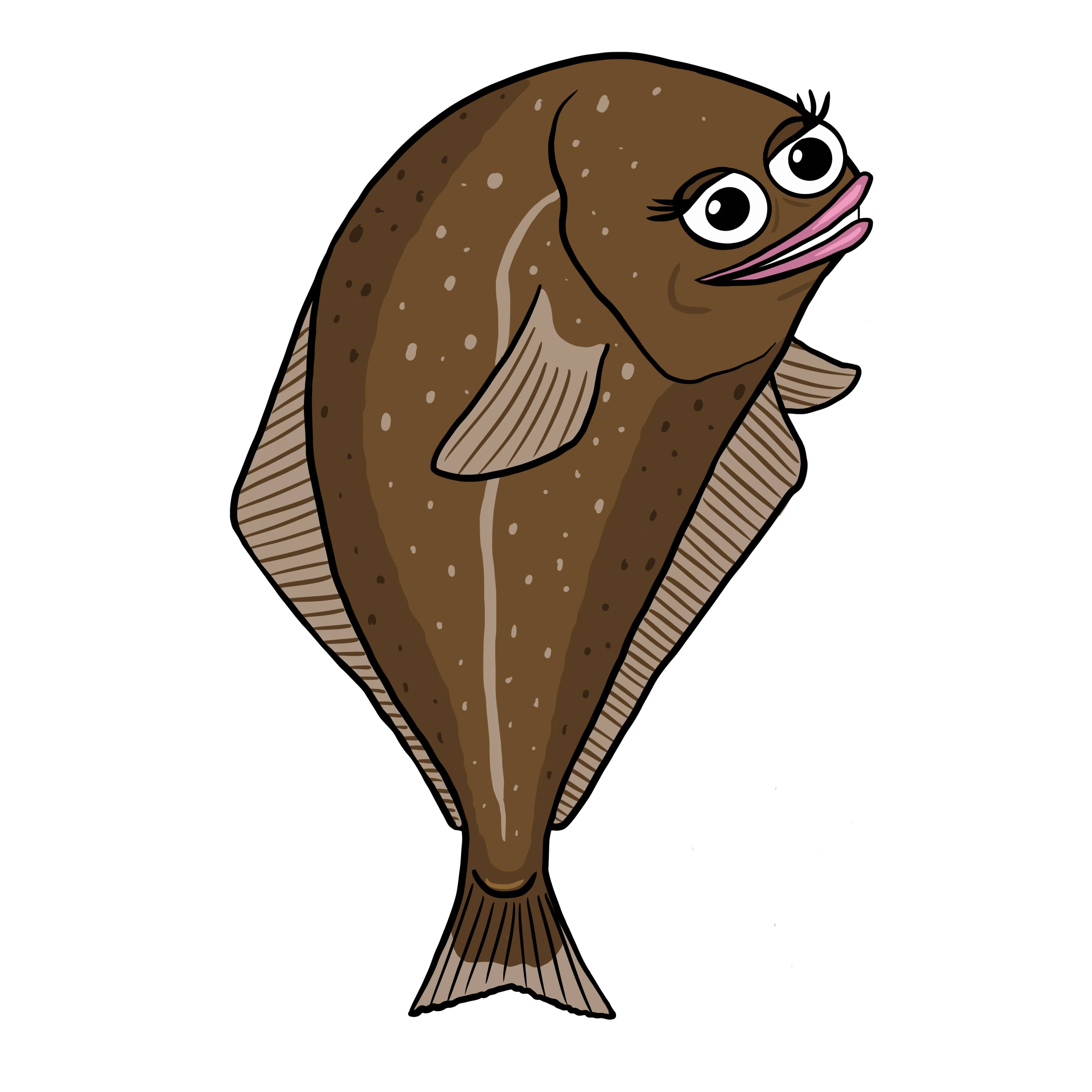 En tegneserieaktig fisk med store øyne og en bred munn, som ser ut til å ha menneskelige trekk i ansiktet.