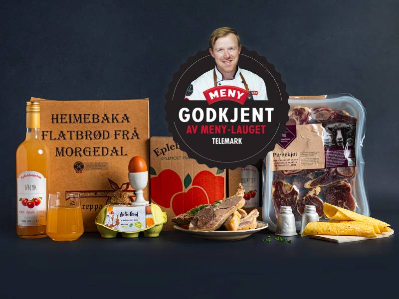 Et utvalg av matvarer og produkter, inkludert honning, egg, og kjøtt, med en plakat for Meny og Menti-laget i bakgrunnen.