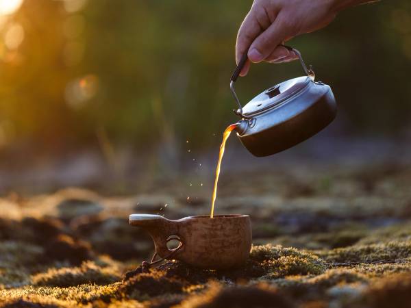 En person heller varm væske fra en kanne over et lite bål utendørs i skogen.