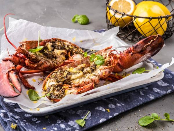 Hummer gratinert med ost og urter på en hvit serveringsplate med sitroner i bakgrunnen.