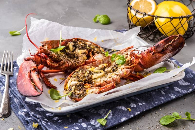 Hummer gratinert med ost og urter på en hvit serveringsplate med sitroner i bakgrunnen.