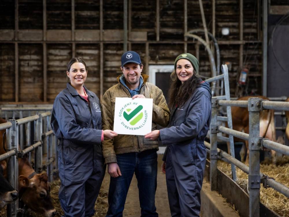 Tre personer står i en stall eller fjøs, og holder et skilt med en grønn sjekkmark, uten å vise ansiktene tydelig.
