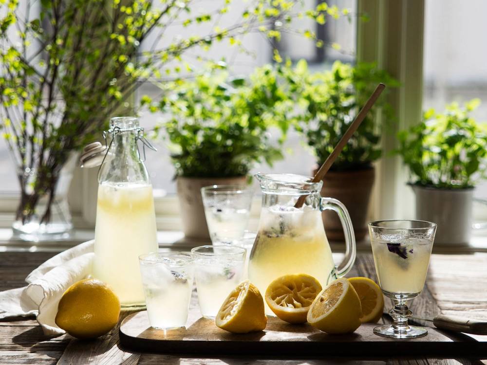 Limonade med sitroner og is på et bord med grønne planter i bakgrunnen